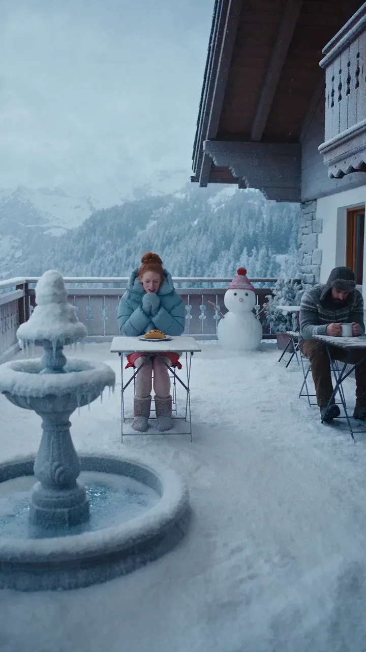 A bite of hot sauce melts the snow around a woman on an Alpine terrace