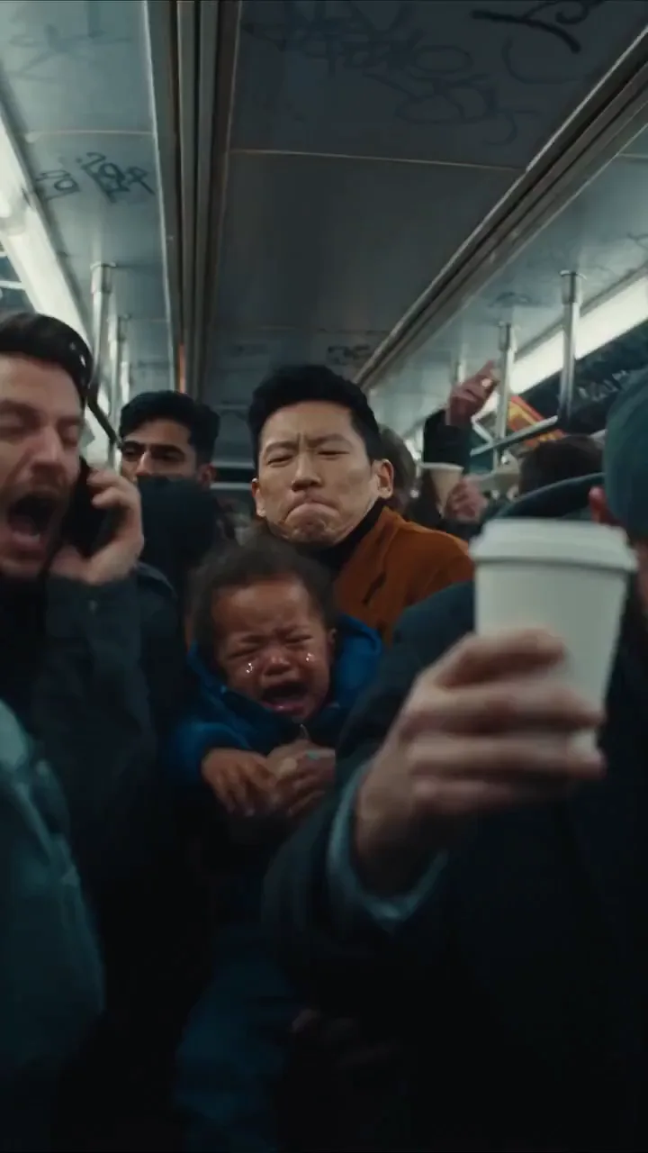 A man puts in earbuds and a packed metro carriage freezes silent around him