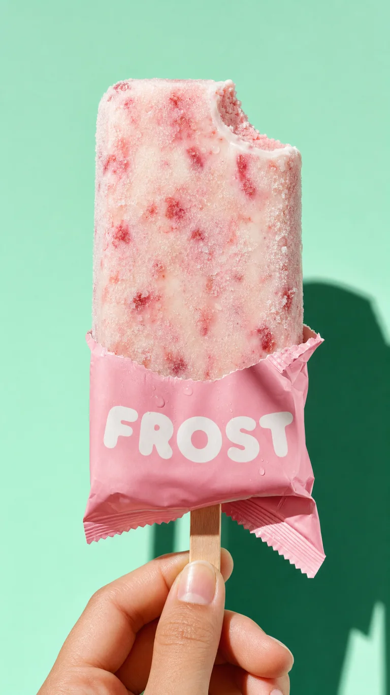 A hand holding up a bitten strawberry ice lolly on a mint backdrop