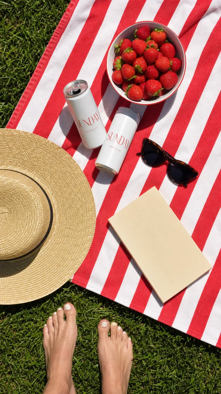 A picnic blanket from above with two cans of sparkling rosé and strawberries