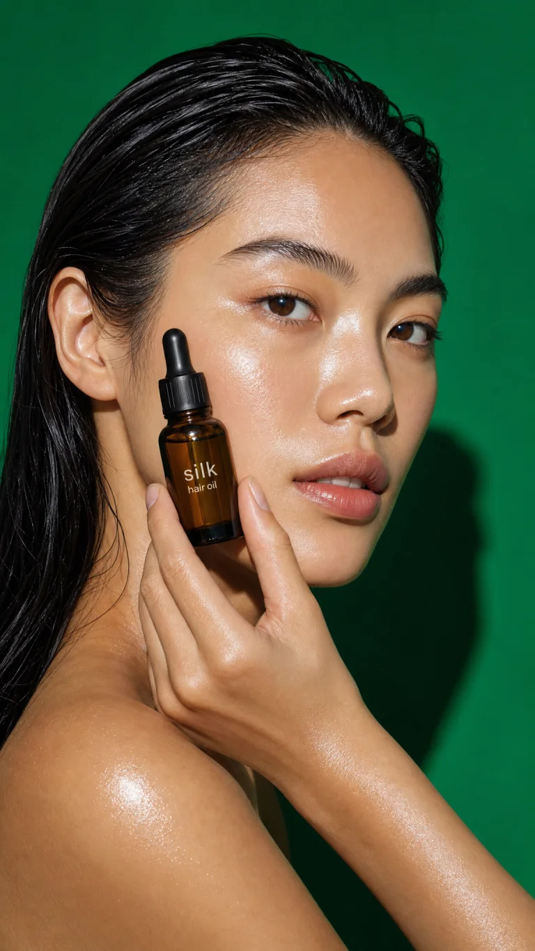 A woman holding a hair oil dropper to her cheek