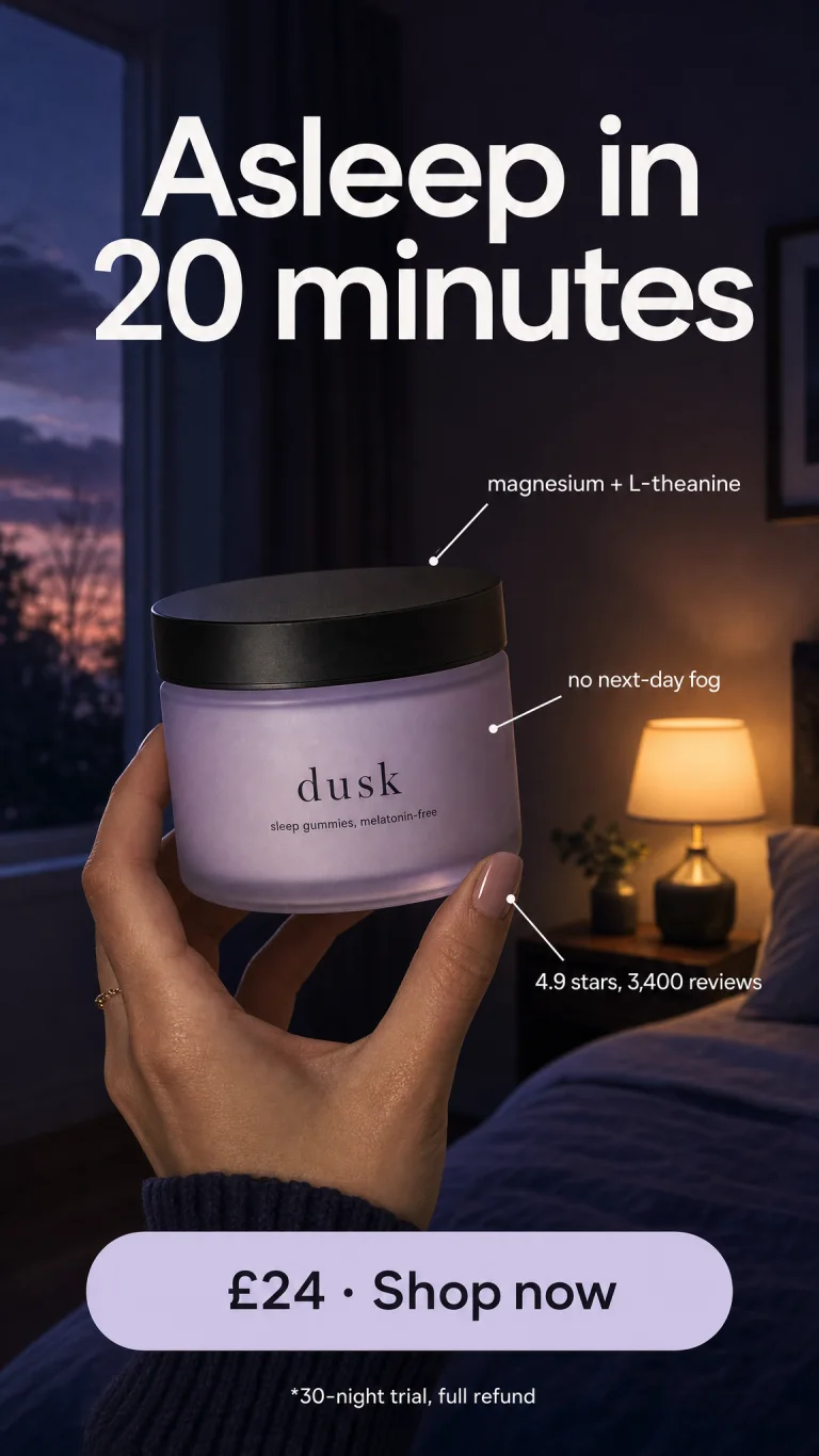 A jar of sleep gummies held up with callouts around it