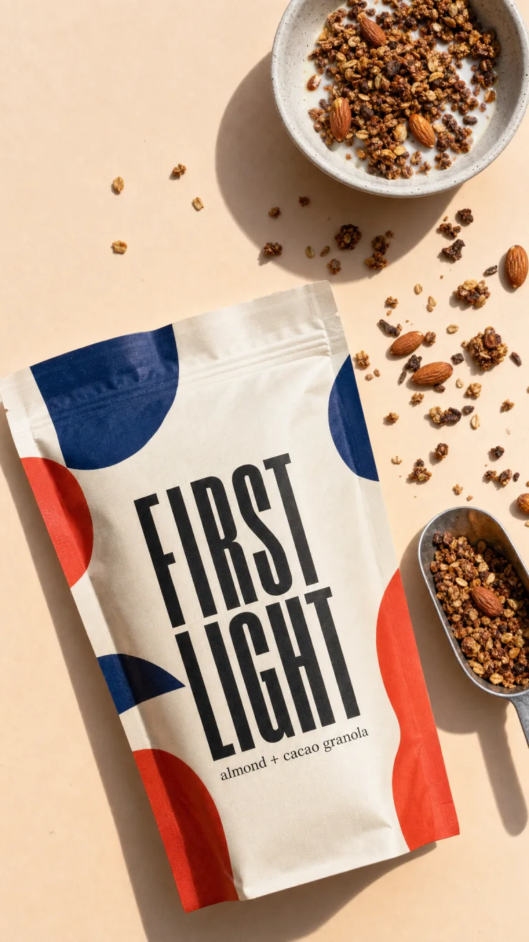 A granola bag with a bowl and scoop, shot from above