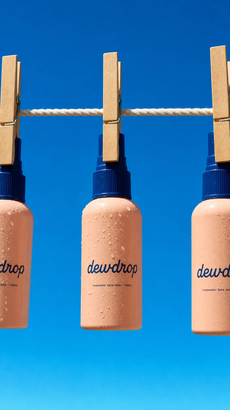 Face mist bottles pegged to a washing line against blue sky