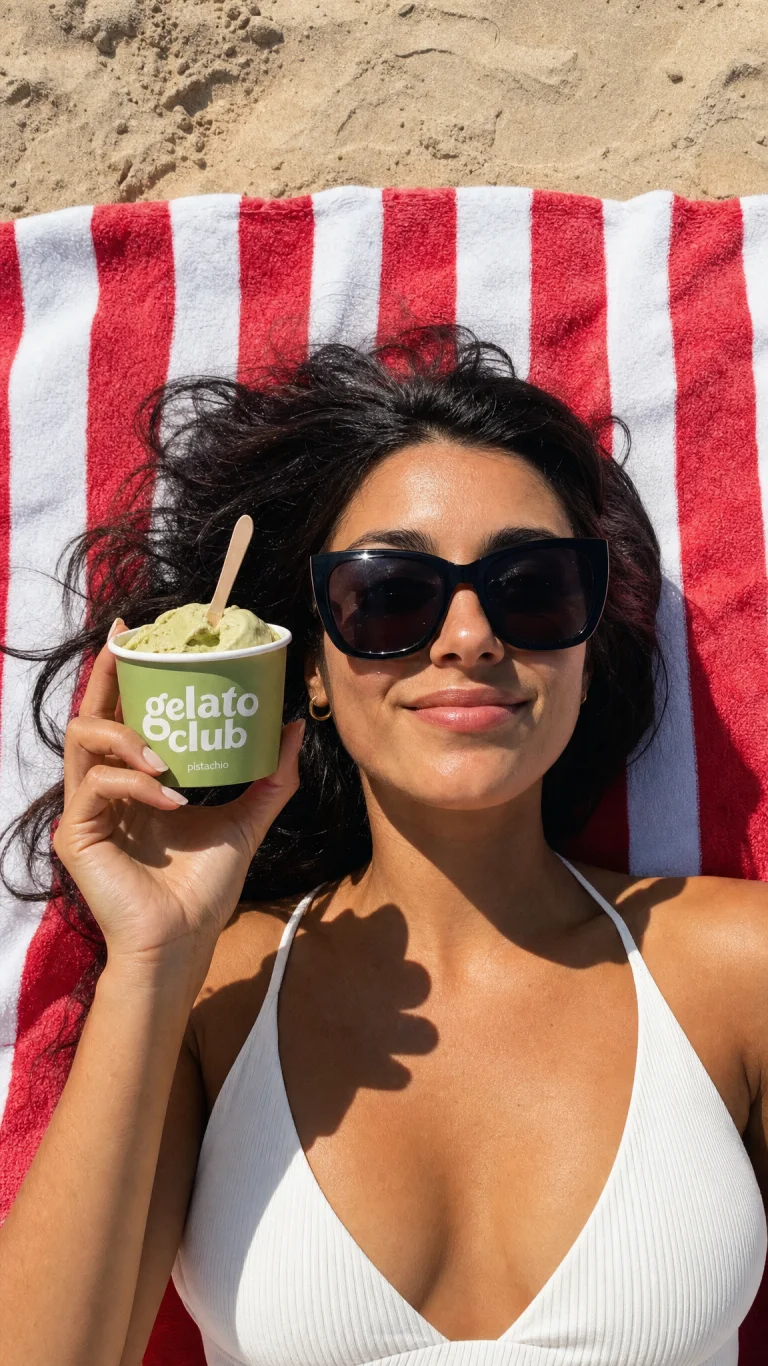 A sunbather on a striped towel holding a tub of gelato