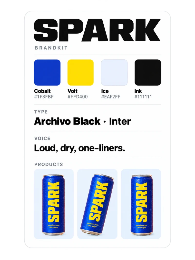 A BrandKit card with the brand's colours, type, voice, and products