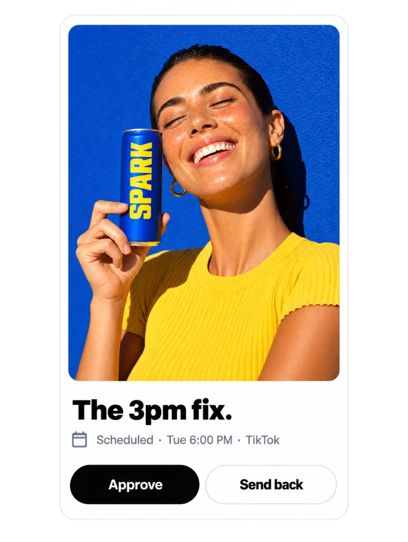 A scheduled TikTok post of a woman holding the can, with Approve and Send back buttons