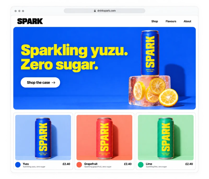 A drinks brand's website in a browser window: a cobalt hero with the can and three product tiles