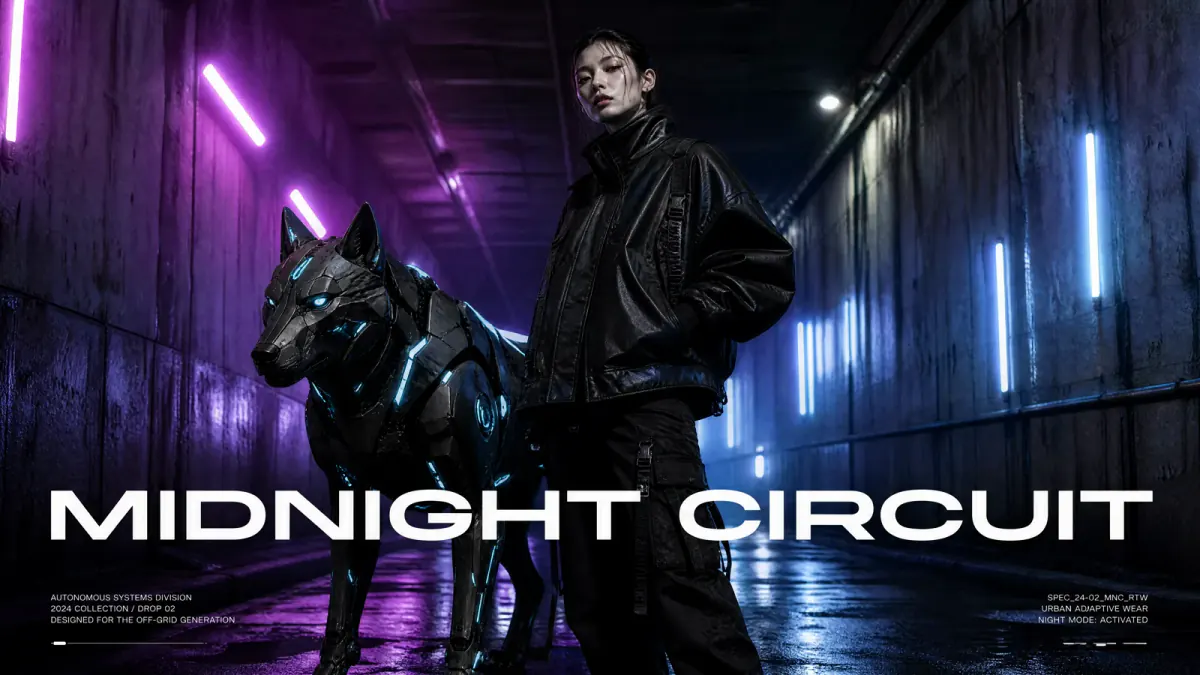 Midnight Circuit fashion poster with readable typography
